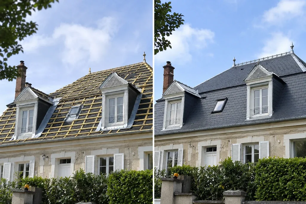 Réfection complète d'une toiture en ardoise, avant et après : à gauche le versant mis à nu avec le liteaunage neuf et les abergements zinc des lucarnes, à droite la toiture terminée en ardoise avec faîtage zinc, épis et fenêtre de toit intégrée.