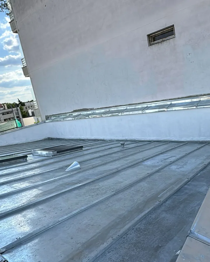 Terrasson en zinc neuf vu depuis la rive, joints debout parallèles courant jusqu'au mur pignon, conduit d'évacuation en inox à droite.