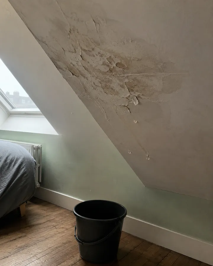 Plafond mansardé marqué par une large auréole d'humidité brune, enduit cloqué, seau posé sur le parquet sous la fuite.